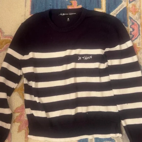 Kerri Rosenthal Striped Navy & White Pullover Sweater Je T'aime - L - Picture 2 of 5